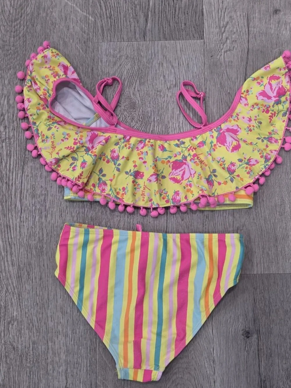 Betsey Johnson Girls XL (14) Yellow & Pink Floral Ruffle Bikini With Pom Pom Tri